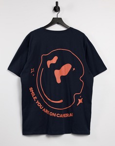 Темно-синяя свободная футболка с принтом на спине Jack & Jones Originals-Черный цвет