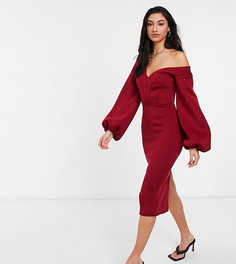Платье миди винного цвета со спущенными плечами и объемными рукавами ASOS DESIGN Tall-Фиолетовый цвет