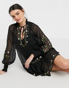 Черное свободное платье мини с вышивкой и присборенными манжетами ASOS DESIGN-Черный цвет