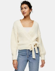 Кремовый вязаный кардиган с запахом Topshop-Белый