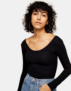 Черное боди с длинными рукавами и овальным вырезом Topshop-Черный цвет