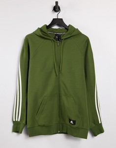 Худи цвета хаки с 3 полосками на молнии adidas-Зеленый цвет