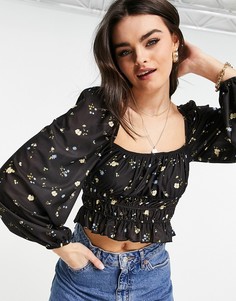 Топ с квадратным вырезом, присборенной талией и темным цветочным принтом ASOS DESIGN-Многоцветный