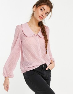 Бледно-розовая блузка из ткани добби с воротником и принтом в горошек New Look-Фиолетовый цвет