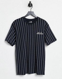 Темно-синяя oversized-футболка в тонкую полоску с логотипом New Era-Темно-синий
