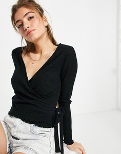 Черный топ в рубчик с запахом на завязке и длинными рукавами ASOS DESIGN-Черный цвет