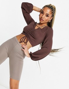 Коричневый жатый топ с длинными рукавами и сборкой на груди ASOS DESIGN-Голубой