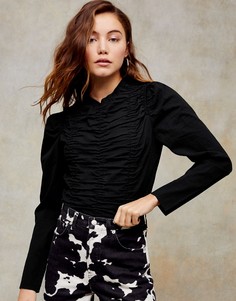 Черный топ с длинными рукавами и сборками Topshop-Коричневый цвет
