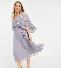 Платье миди с кейпом, вышивкой и пышными рукавами ASOS DESIGN Curve-Фиолетовый цвет