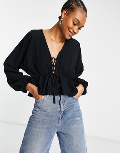Черный топ из жатой ткани со шнуровкой спереди ASOS DESIGN-Многоцветный