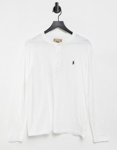 Белый меланжевый лонгслив хенли с принтом логотипа в виде игрока в поло Polo Ralph Lauren