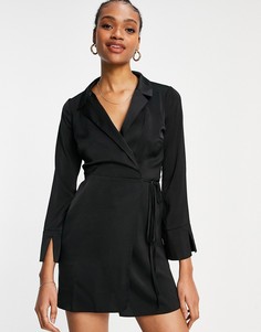 Черное атласное платье мини с воротником, запахом и завязками ASOS DESIGN-Черный цвет