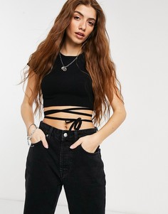 Черный трикотажный кроп-топ с завязкой в несколько оборотов Bershka-Черный цвет