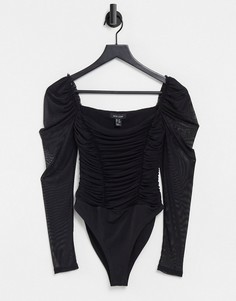 Присборенное сетчатое боди черного цвета New Look-Черный цвет