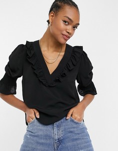 Черная блуза с v-образным вырезом и оборками French Connection-Черный цвет