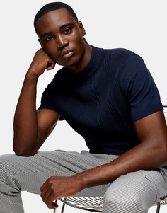Темно-синий вязаный джемпер с высоким воротом и декоративной строчкой Topman-Голубой