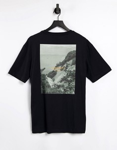 Черная свободная футболка с абстрактным пейзажным принтом на спине Selected Homme-Черный цвет