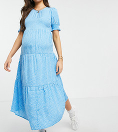 Синее многоярусное присборенное платье миди в горошек Influence Maternity-Голубой