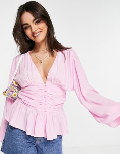 Розовая чайная блузка на пуговицах со сборками на талии ASOS DESIGN-Розовый цвет