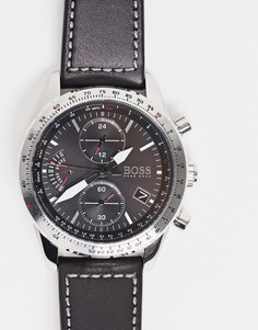 Мужские часы с черным кожаным ремешком и с хронографом Boss 1513853-Черный цвет