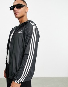 Черная ветровка с капюшоном и 3 полосками adidas-Черный цвет
