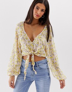 Короткая блузка с цветочным принтом и завязкой River Island-Фиолетовый