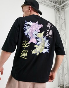 Черная oversized-футболка из органического хлопка с принтом карпов на спине и надписью на груди ASOS DESIGN-Черный цвет