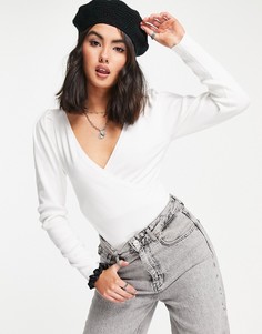 Кремовое трикотажное боди с запахом и объемными рукавами ASOS DESIGN-Белый