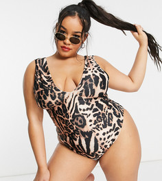 Слитный купальник с глубоким вырезом и ярким звериным принтом ASOS DESIGN Curve-Многоцветный