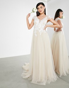 Светло-бежевое сетчатое свадебное платье с вышитым лифом и короткими рукавами ASOS EDITION Josie-Нейтральный