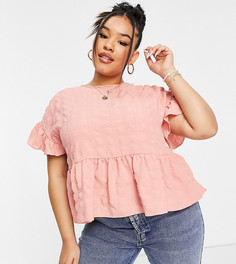 Фактурный свободный топ персикового цвета с оборками на рукавах ASOS DESIGN Curve-Розовый цвет