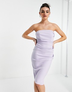 Сиреневое облегающее платье-бандо миди со сборками River Island-Фиолетовый цвет