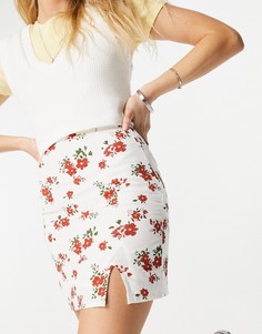Мини-юбка из ткани с добавлением льна с разрезом снизу и красным цветочным принтом ASOS DESIGN-Многоцветный