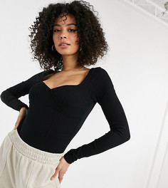 Черное боди в рубчик со швами на лифе и длинными рукавами ASOS DESIGN Tall-Черный