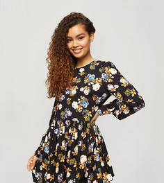 Черное платье с присборенной юбкой и цветочным принтом Miss Selfridge Petite-Черный цвет
