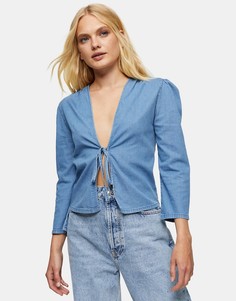 Голубая джинсовая блузка с завязкой спереди Topshop-Голубой