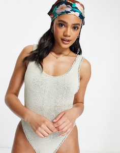 Бежевый слитный купальник из жатой ткани с глубоким вырезом на спине ASOS DESIGN-Нейтральный