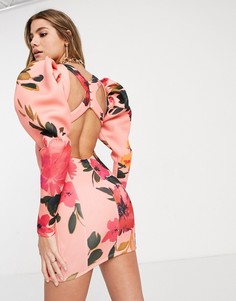 Платье мини с броскими рукавами, вырезом и цветочным принтом ASOS DESIGN-Многоцветный