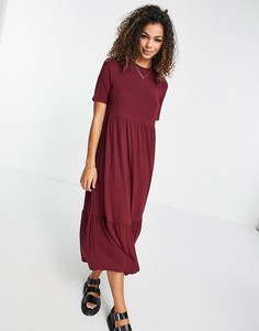 Темно-бордовое свободное платье-футболка миди ярусного кроя ASOS DESIGN-Красный