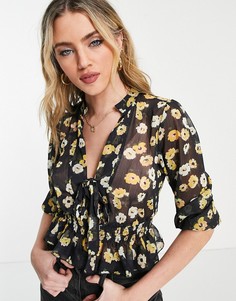 Прозрачный лонгслив с присборенной талией и принтом желтых фиалок ASOS DESIGN-Многоцветный