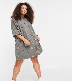 Серое платье-футболка в стиле oversized со сплошной цветочной вышивкой ASOS DESIGN Curve-Серый