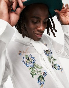 Белая атласная рубашка с вышивкой на груди и завязкой на воротнике ASOS DESIGN-Белый