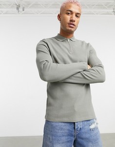 Поло из вафельного трикотажа цвета хаки с длинным рукавом и молнией ASOS DESIGN-Зеленый цвет