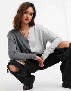 Серый джемпер с контрастной расцветкой и V-образным вырезом Object Glenda