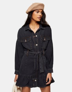 Черное джинсовое платье-рубашка мини с поясом Topshop-Черный цвет
