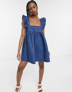 Синий джинсовый сарафан с оборками на рукавах ASOS DESIGN-Голубой
