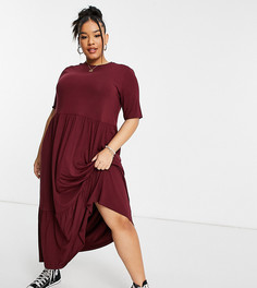 Темно-бордовое ярусное платье-футболка миди свободного кроя ASOS DESIGN Curve-Красный