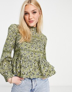 Зеленый топ с высоким воротником, цветочным принтом и кружевными вставками ASOS DESIGN-Бесцветный