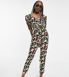 Комбинезон с присборенными рукавами, цветочным принтом и широкими брюками со складками ASOS DESIGN Tall-Многоцветный