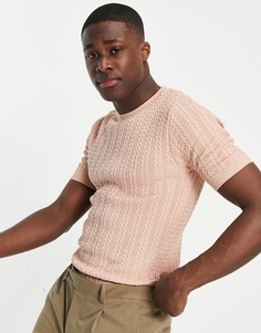 Розовая трикотажная футболка облегающего кроя с узором «косичка» ASOS DESIGN-Розовый цвет